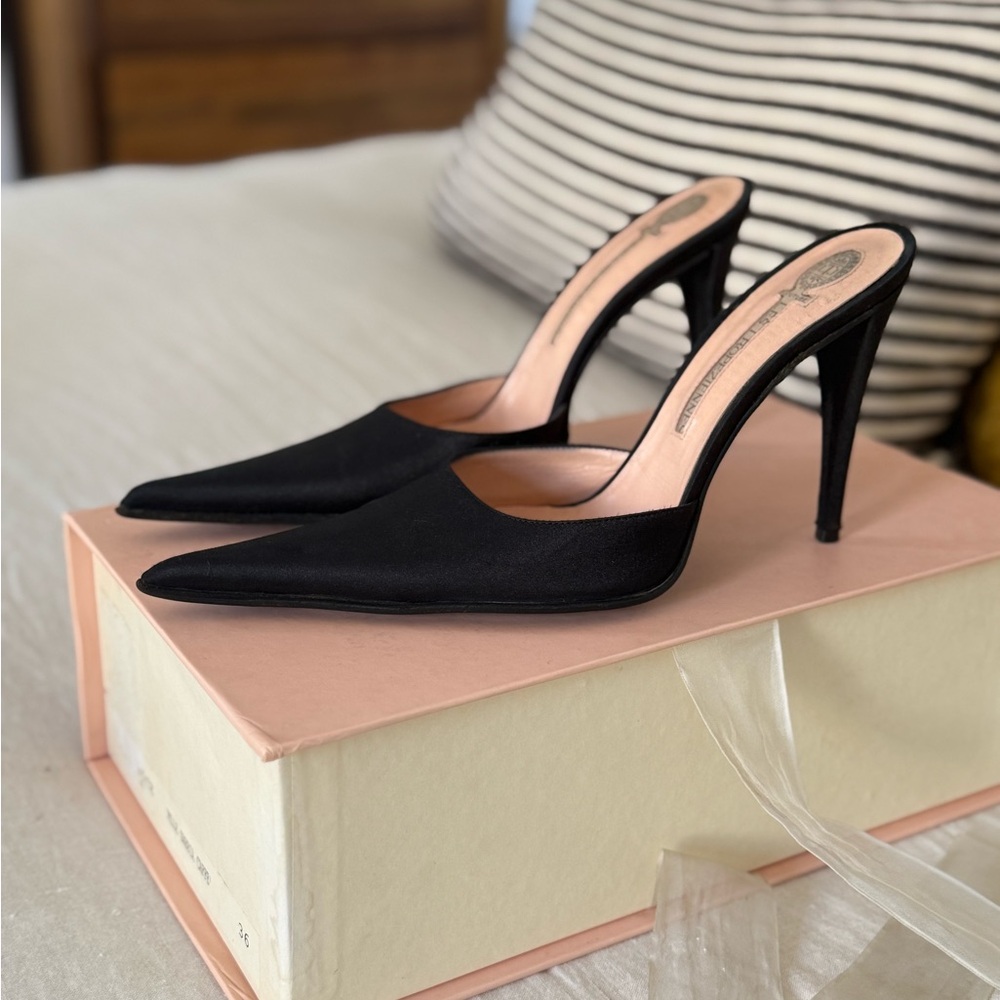 RARE Vintage Les Tropeziennes COUTURE Black peau de soie mules, size 7.5  / 38